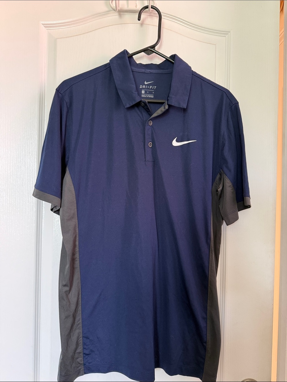 Nike Men’s Navy Polo with Gray Side Panels and White Swoosh